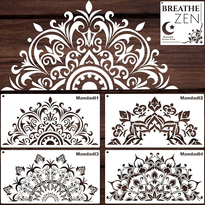 YKW 5 Pack Mandala Stencils for Painting, Large Half Mandala & Breathe Zen by YKW