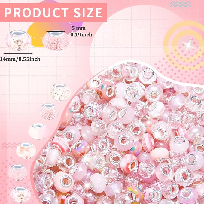 60Pcs Large Hole Beads Spacer Beads Pink Assorted European Craft Big Beads - Image 2
