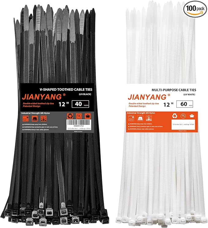 Zip Ties Heavy Duty 12+12 inch, V-Shaped Toothed Double Sided by JIANYANG
