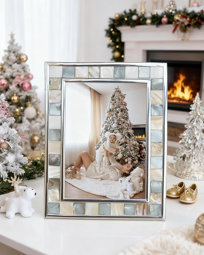 Mother of Pearl Picture Frame 8x10, Wall or Tabletop, Mosaic Family Glass Photo - Image 3