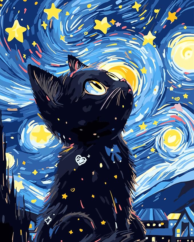 Yunnuo Paint by Numbers Kit for Adults Beginners Cat, Starry Night Black Cat by Yunnuo-premiumdiyartpaintingkits