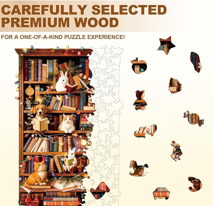 Animal Cozy Bookshelf Puzzles Adults Gifts Wooden 150 Pieces 11.4 * 7.2in - Image 3