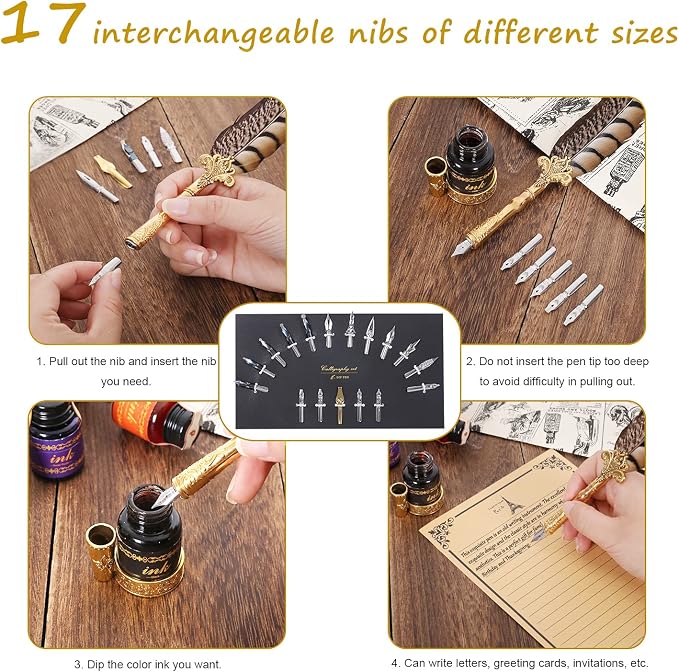 NC Quill Pen Ink Set, includes quill pen, wooden And glass dip pen, 6 bottles - Image 4
