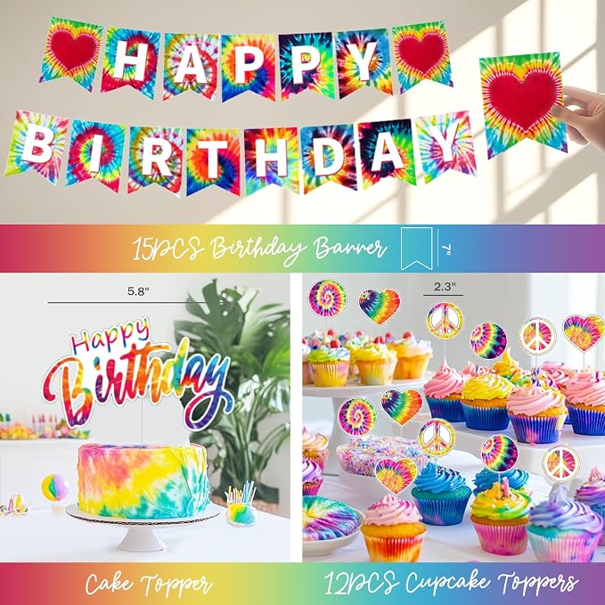 Tie Dye Birthday Party Decorations – 112PCs Rainbow Tie Dye Themed Party - Image 4