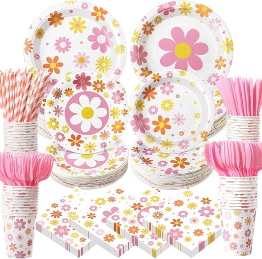 450 Pcs Daisy Groovy Tableware Set Decorations Boho Daisy Flower Paper Plates by Unknown