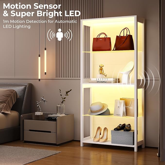 Display Cabinet with Glass Shelves, 4-Tier Display Shelf with LED Lights - Image 7