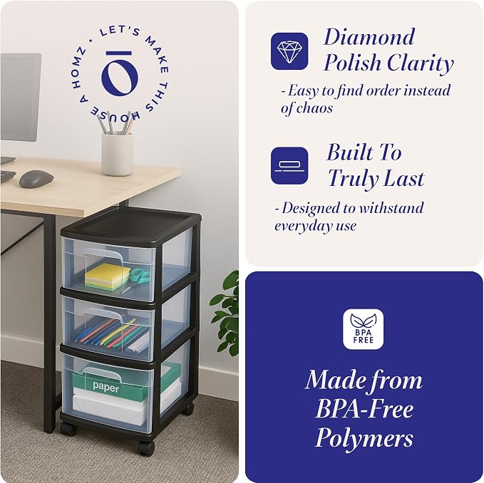 HOMZ 2-Pack Drawer Tower, 3-Tier Clear Plastic Storage Organizer Cart, and - Image 5