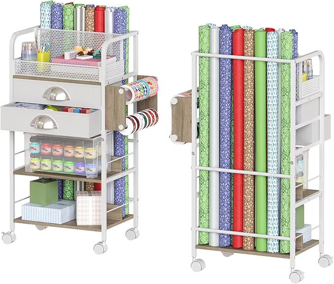 Rolling Wrapping Paper Storage Cart Organizer White | 16.54×11.4×32.68 in by Unknown
