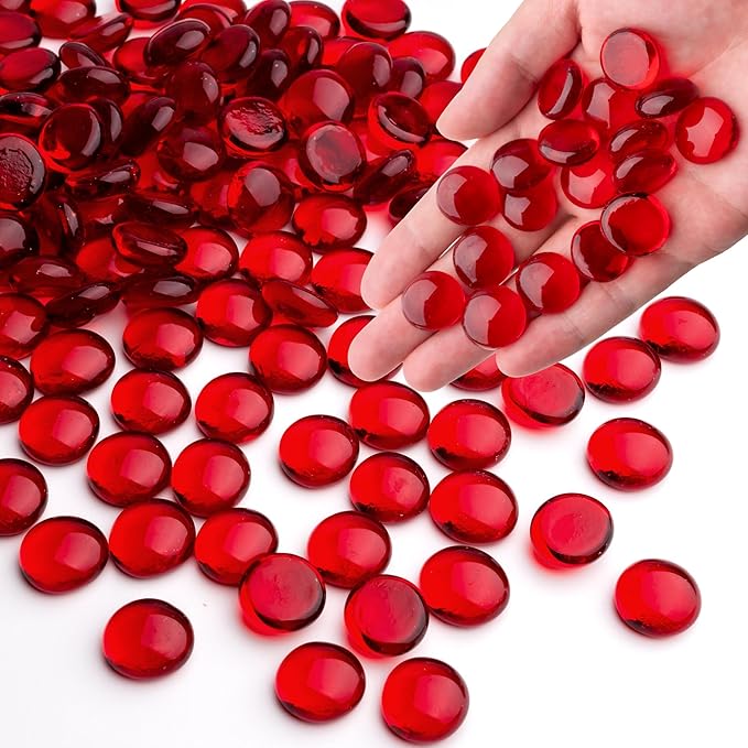 1LB Red Glass Marbles, Transparent and Smooth Flat Glass Beads by MESCHETT