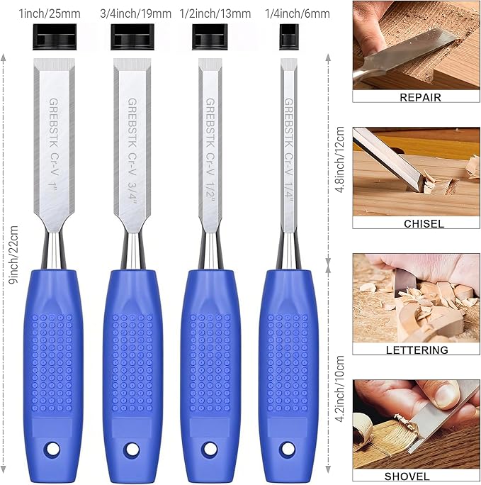 GREBSTK 4-Piece Ultra-Sharp Wood Chisel Set, CR-V Steel Beveled Blades - Image 2