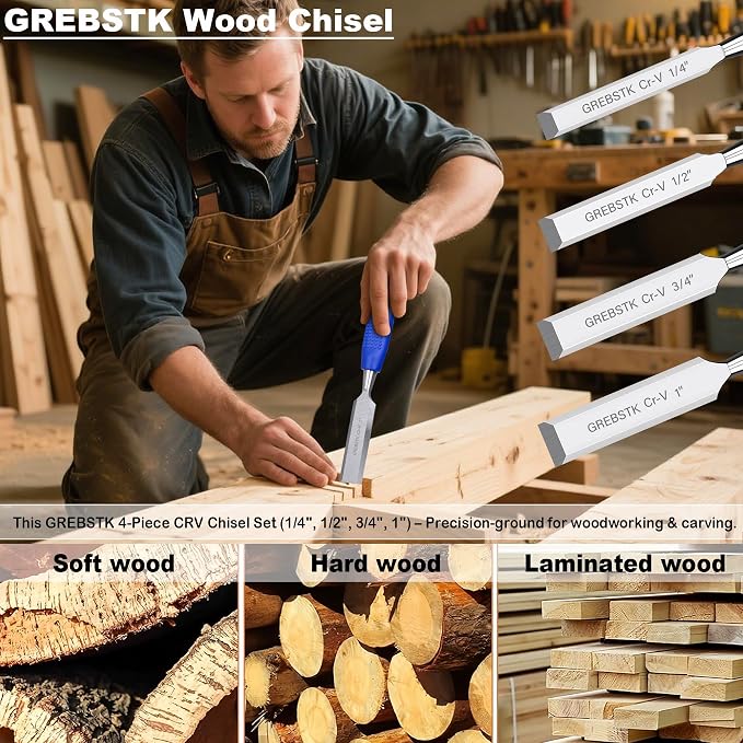 GREBSTK 4-Piece Ultra-Sharp Wood Chisel Set, CR-V Steel Beveled Blades - Image 5