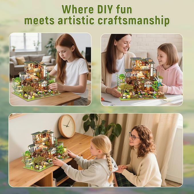 DIY Miniature House Kit with LED Lights, Bamboo Spring Courtyard Wooden Mini - Image 4