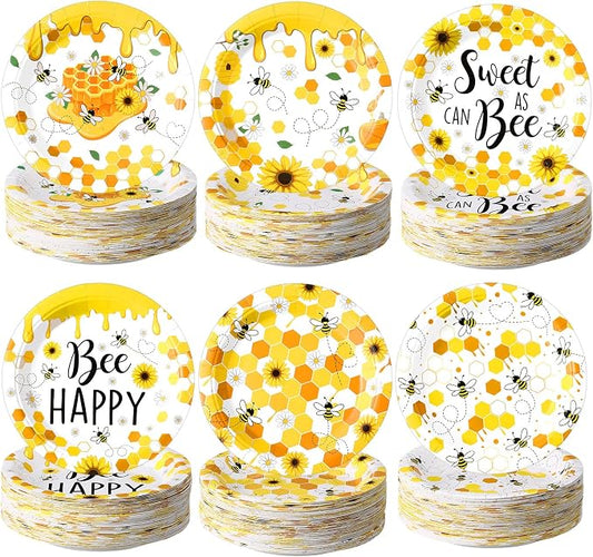 Funnymoom 60 Pcs 7 Inch Honey Bee Paper Plates Bee Happy Shower Tableware by Funnymoom