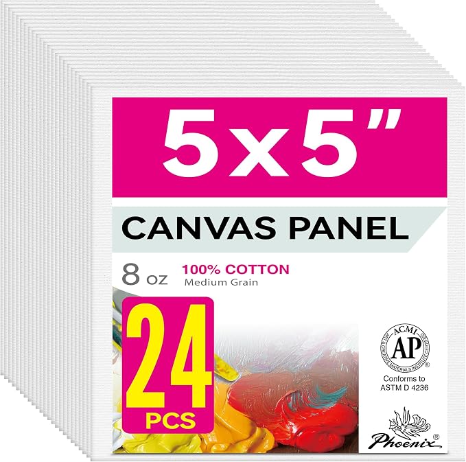 PHOENIX Small Painting Canvas Panels 5x5 Inch, 24 Bulk Pack - 8 Oz Triple by PHOENIX