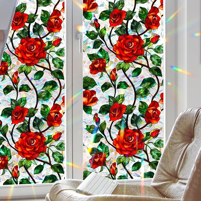 Bloss Rose Stained Glass Windows Film, 23.6x118 inch 3D Flower Privacy Window - Image 8
