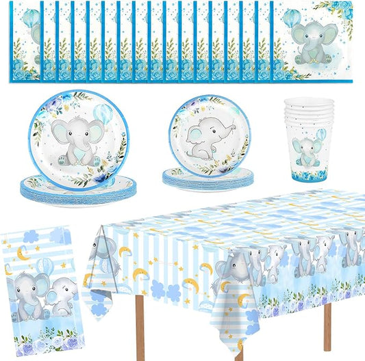 81 PCS Elephant Party Tableware Supplies, Disposable Blue Plates Cups Napkins by Unknown