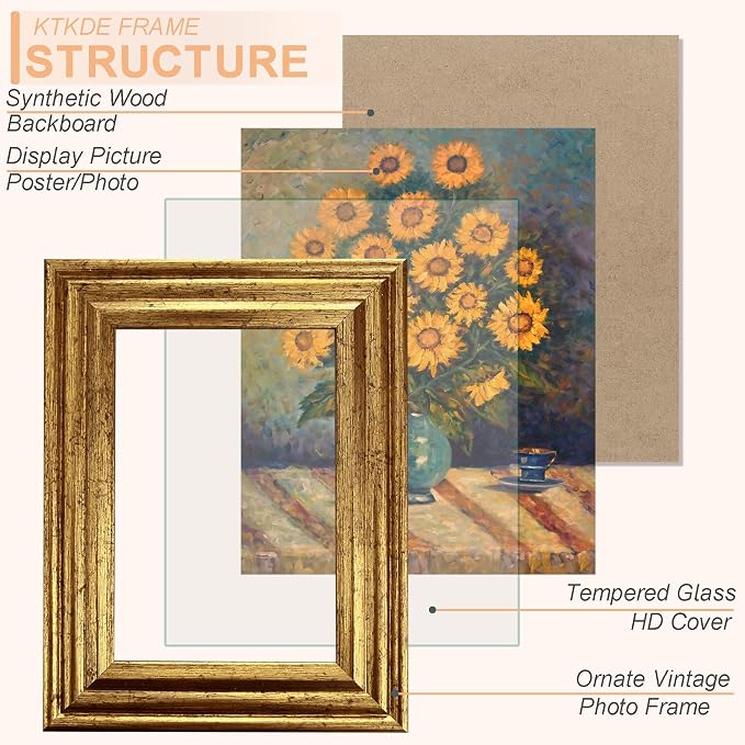KTKDE 6x8 Picture Frame Set of 4, Ornate Vintage Gold Photo Frames - Image 2