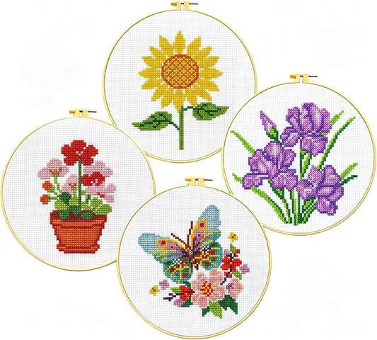 Zhenqing 4 Pack Floral Stamped Cross Stitch Kit, 11CT Printed Iris Sunflower by ZhenqingHomeFlagship