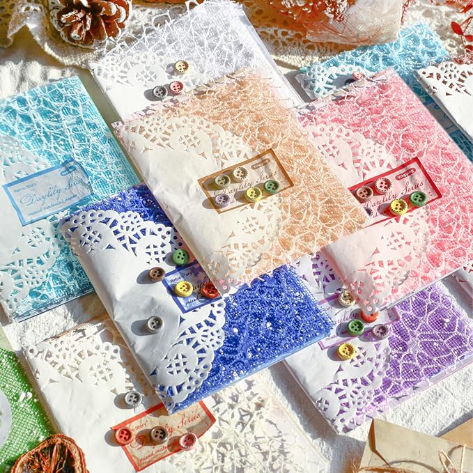 156Sheets Textured Scrapbook Paper & Mesh Fabric Assorted Set+30 Buttons - Image 2