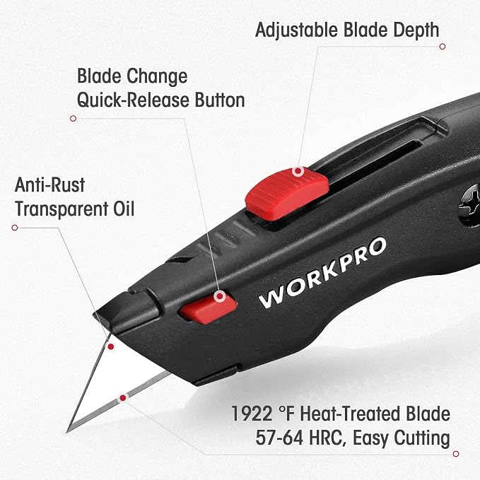 WORKPRO Premium Utility Knife, Retractable All Metal Heavy Duty Box Cutter - Image 2