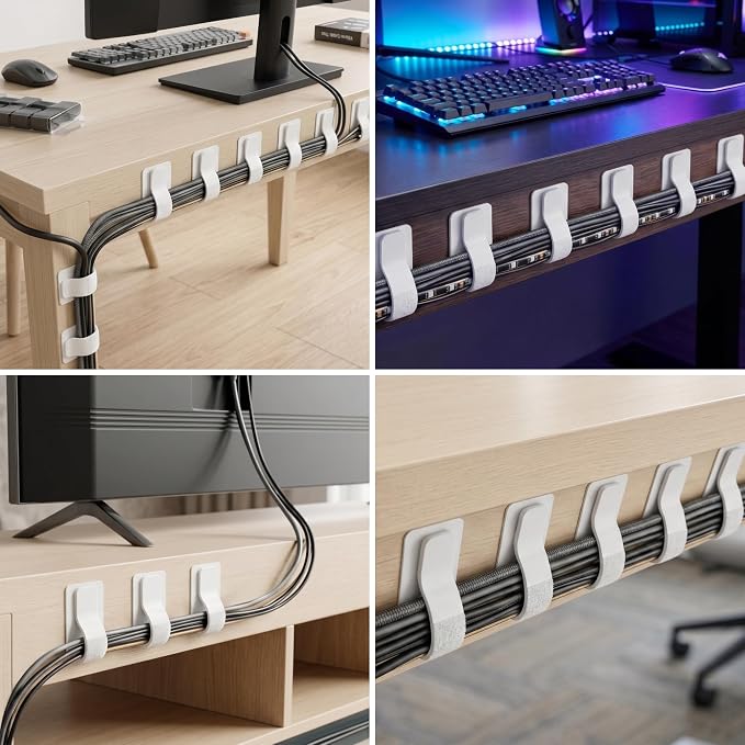 Cable Management Under Desk, 20 Pair Cord Organizer Straps White | Reusable - Image 6
