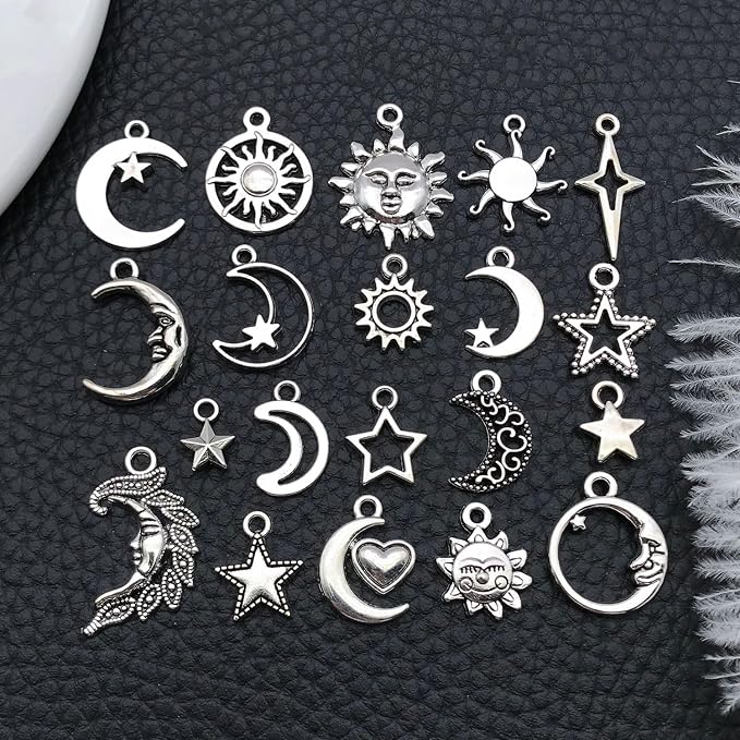WOCRAFT 60pcs Antique Silver Sun Moon Star Bracelet Charms - Image 5