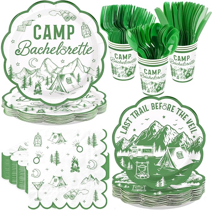 168Pcs Camp Bachelorette Party Decorations Serves 24 | Scalloped Mountain Camp by Greencian