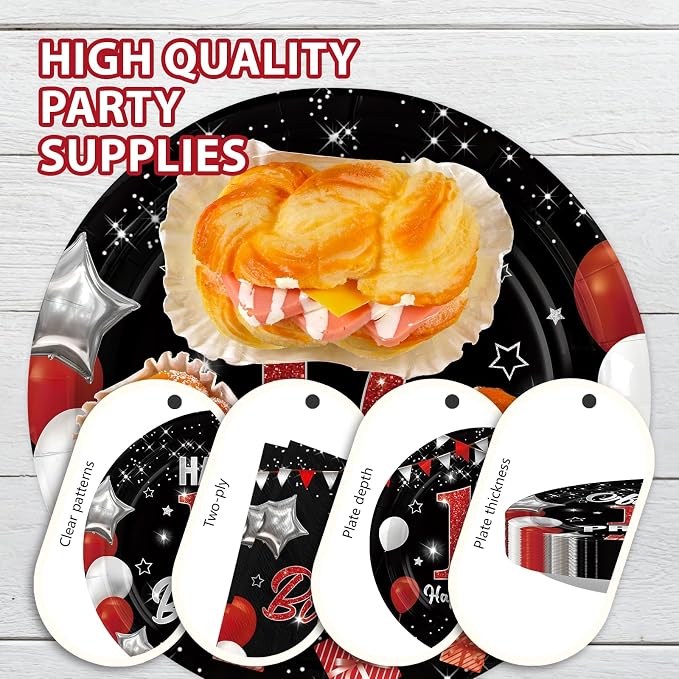 96Pcs Red and Black Party Decorations Happy 17th Birthday Plates and Napkins - Image 6