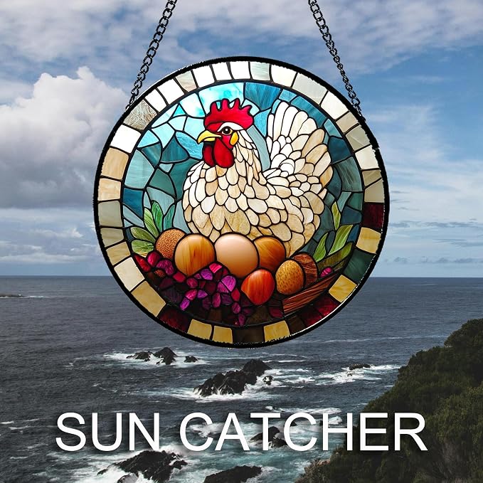 DASTOLL Stained Glass Window Hanging White Chicken Hatching Eggs Large 15" - Image 3