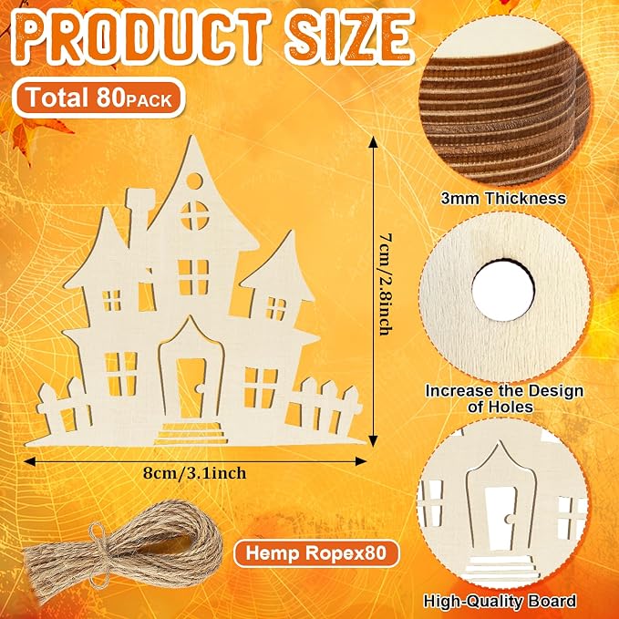 80PCS Wooden Halloween Ornaments to Paint Fall Decorations, 10 Styles DIY Blank - Image 2