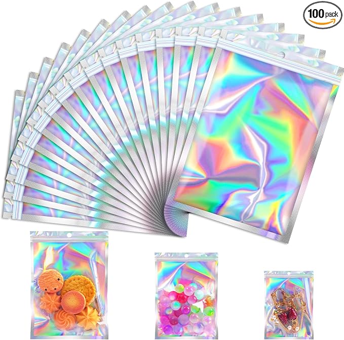 JETMORE 100 Pcs Mylar Bags, Holographic Bags, Resealable Bag by Jetmore