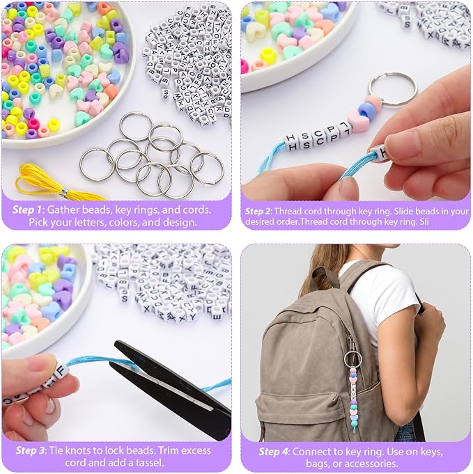 Avxzbef 566 Pcs DIY Keychain Making Kit, Letter Heart Beads Metal Key Rings - Image 2