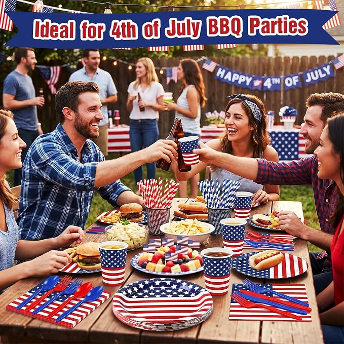 450 Pcs 4th of July Patriotic Tableware Set Decorations USA Red White Blue - Image 6