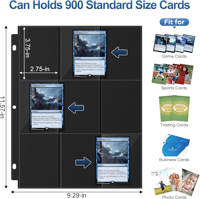50 Pack 9 Pocket Page Protector, 900 Pockets Black Trading Card Sleeves Pages - Image 2