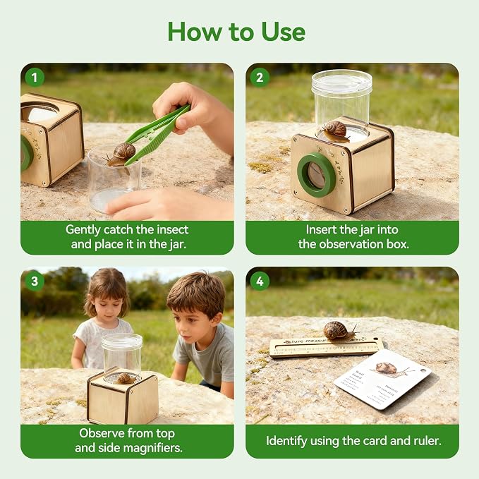 Wooden Bug Catcher for Kids, Tri-View Bug Viewer Kit, Top & Bottom Magnifiers - Image 8