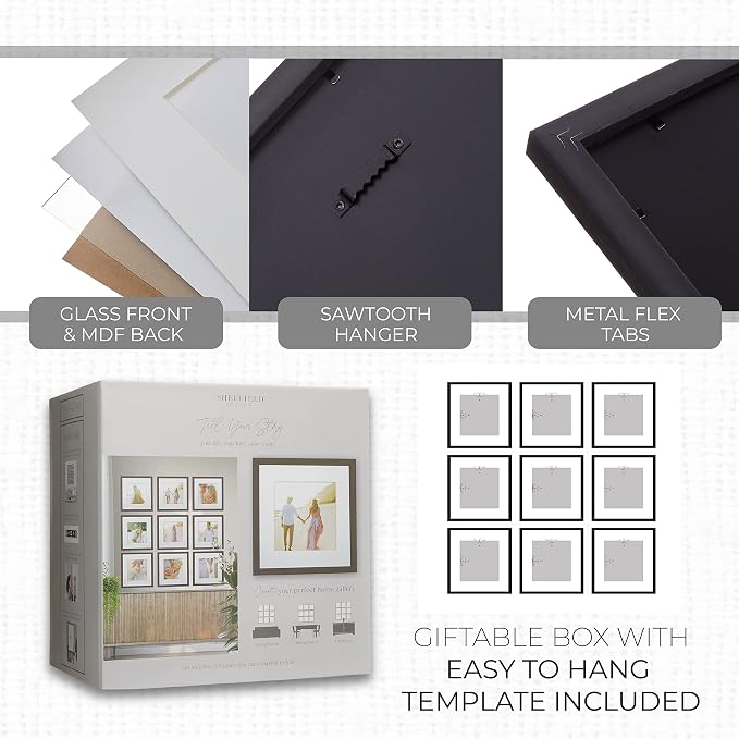 Sheffield Home 9 Piece Gallery Wall Frame Set, 12x12 Inch, Dark Oak - Image 5