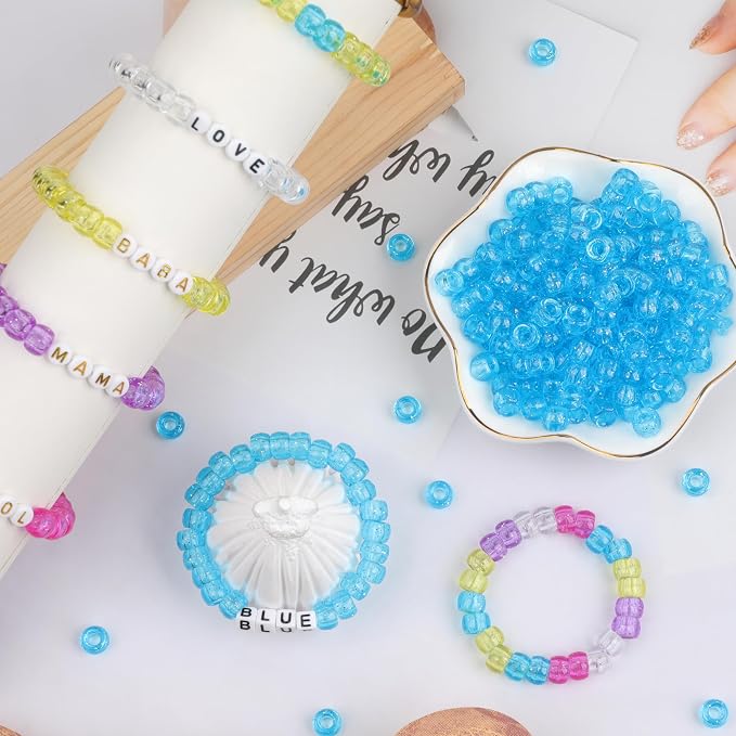 1000Pcs Pony Beads Bracelet 9mm Blue Glitter Plastic Barrel Pony Beads - Image 4