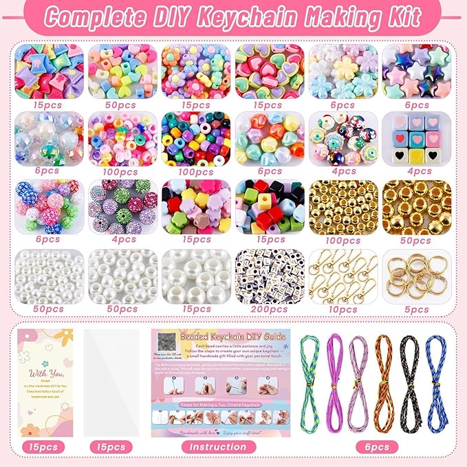 Wurosi 865 Pcs Bead Keychain Kit, DIY Bead Keychain Making Kit, Bag Charm Kit - Image 2