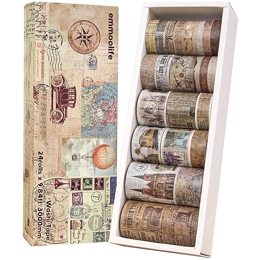 24 Rolls Vintage Washi Tape Set, Antique Car Buildings Map Stamp Stripe by emmoolife