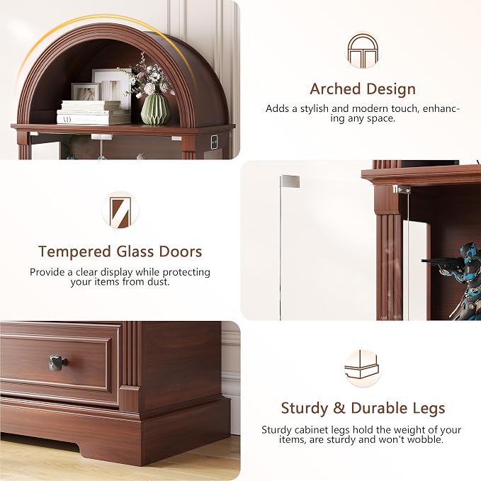 Dystler Curio Cabinet with Glass Doors & LED Lights | 72" Tall, Arched Display - Image 6