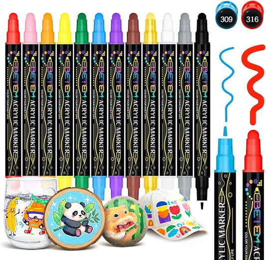 Betem 12 Colors Dual Tip Acrylic Paint Markers, Fabric Decorating Kits Premium by BetemArtWorld