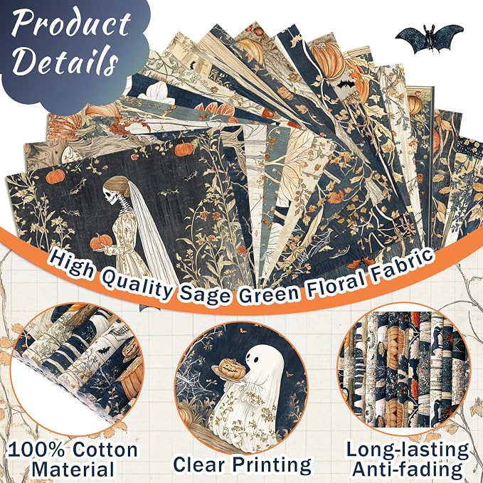 HunnmingRe 20 Pcs 10''x10'' Autumn Halloween Quilting Fabric Square Pumpkin - Image 5