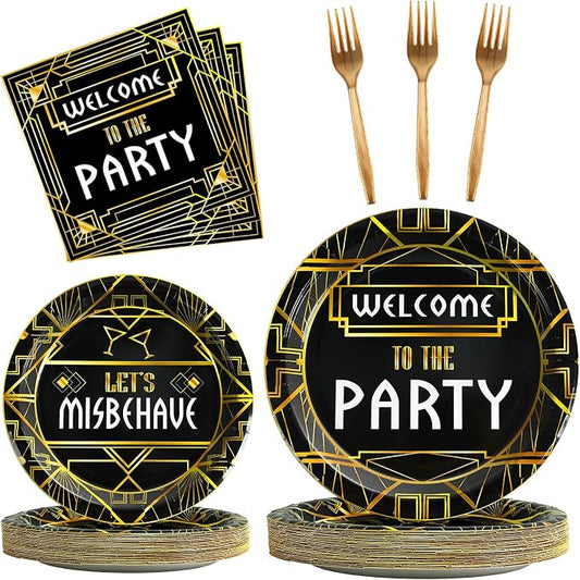 100 Pcs Roaring 1920s Party Decorations, Speakeasy Misbehave Black Gold by Qyeahkj