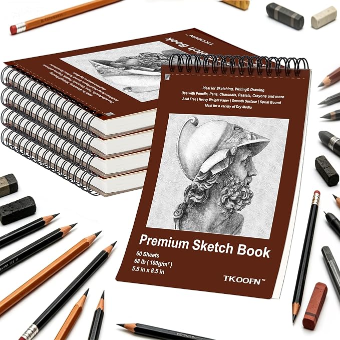 5 Pack Small Sketch Book, 5.5x8.5 Inch Top Spiral Sketchbook 60 Sheets Each by TKOOFN