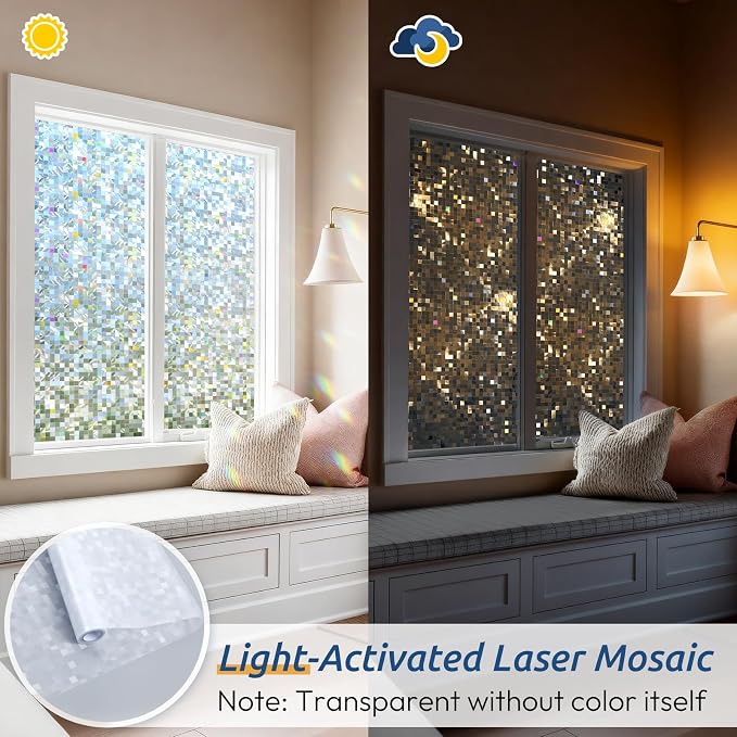 rabbitgoo Stained Glass Window Privacy Film, Mosaic Pattern, 17.5" x 157.4" | - Image 2