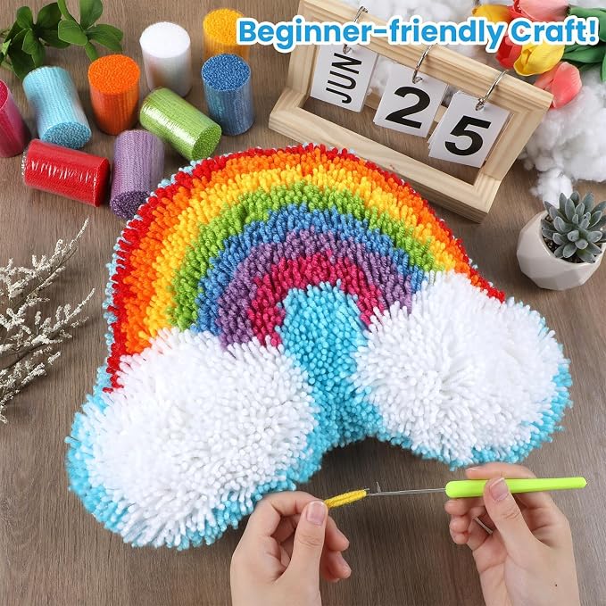 Justforjoyful Rainbow Latch Hook Kit Rainbow Pillow DIY Craft Kit - Image 2