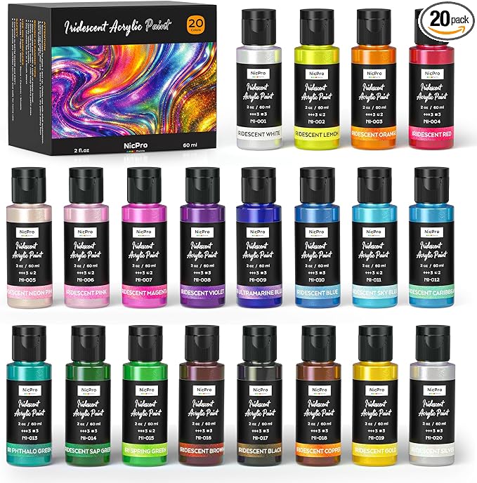 Nicpro 20 Colors Iridescent Acrylic Paint Set, 2 oz/60 ml Chameleon Metallic by Nicpro
