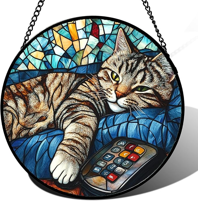 DASTOLL Stained Glass Window Hanging Gray Cat and Remote Control 9.8" by DASTOLL