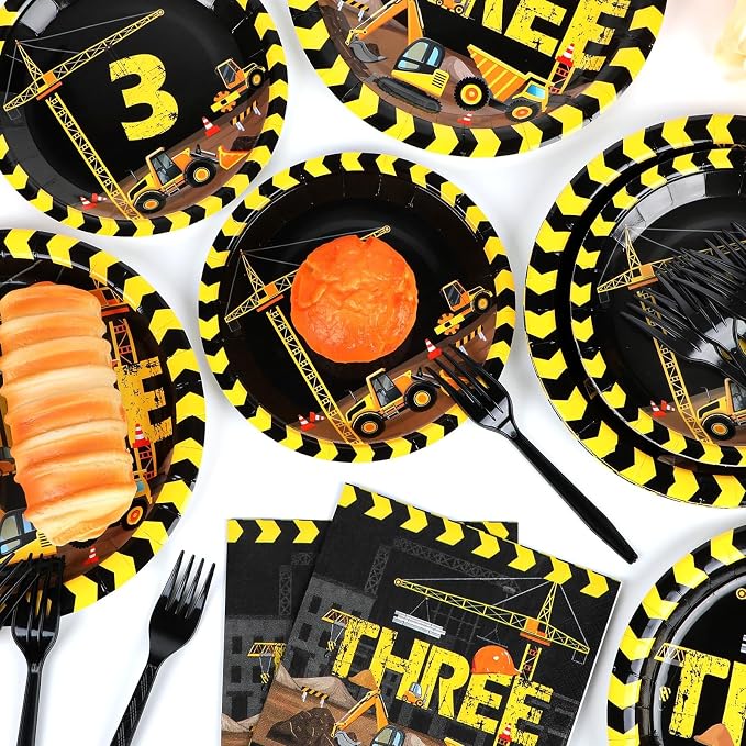 100 Pcs Construction 3rd Party Plates and Napkins Set 3 Years Old Birthday - Image 5
