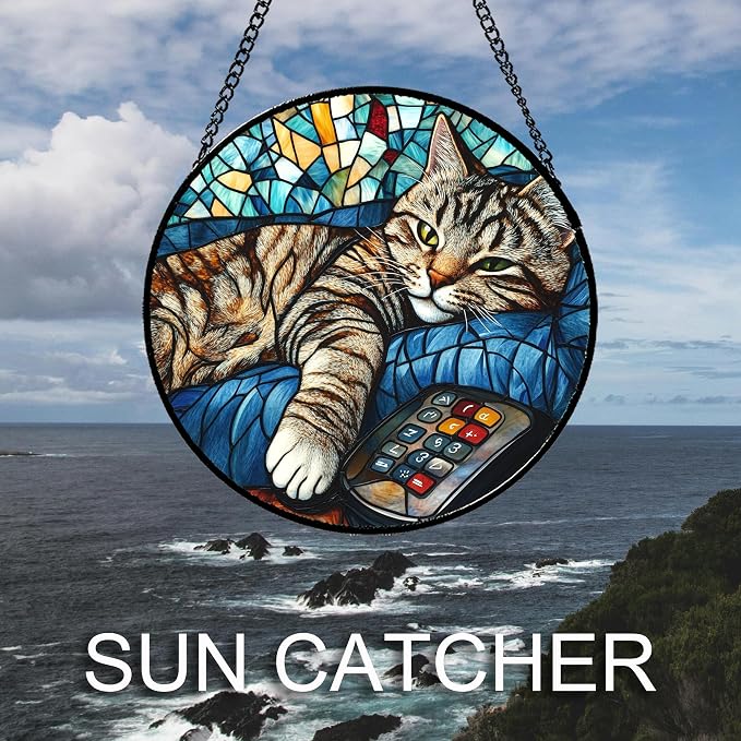 DASTOLL Stained Glass Window Hanging Gray Cat and Remote Control 6.3" - Image 4